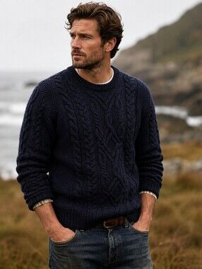 Wallace & Barnes Shetland Wool Cable Knit Fisherman Sweater Navy Medium